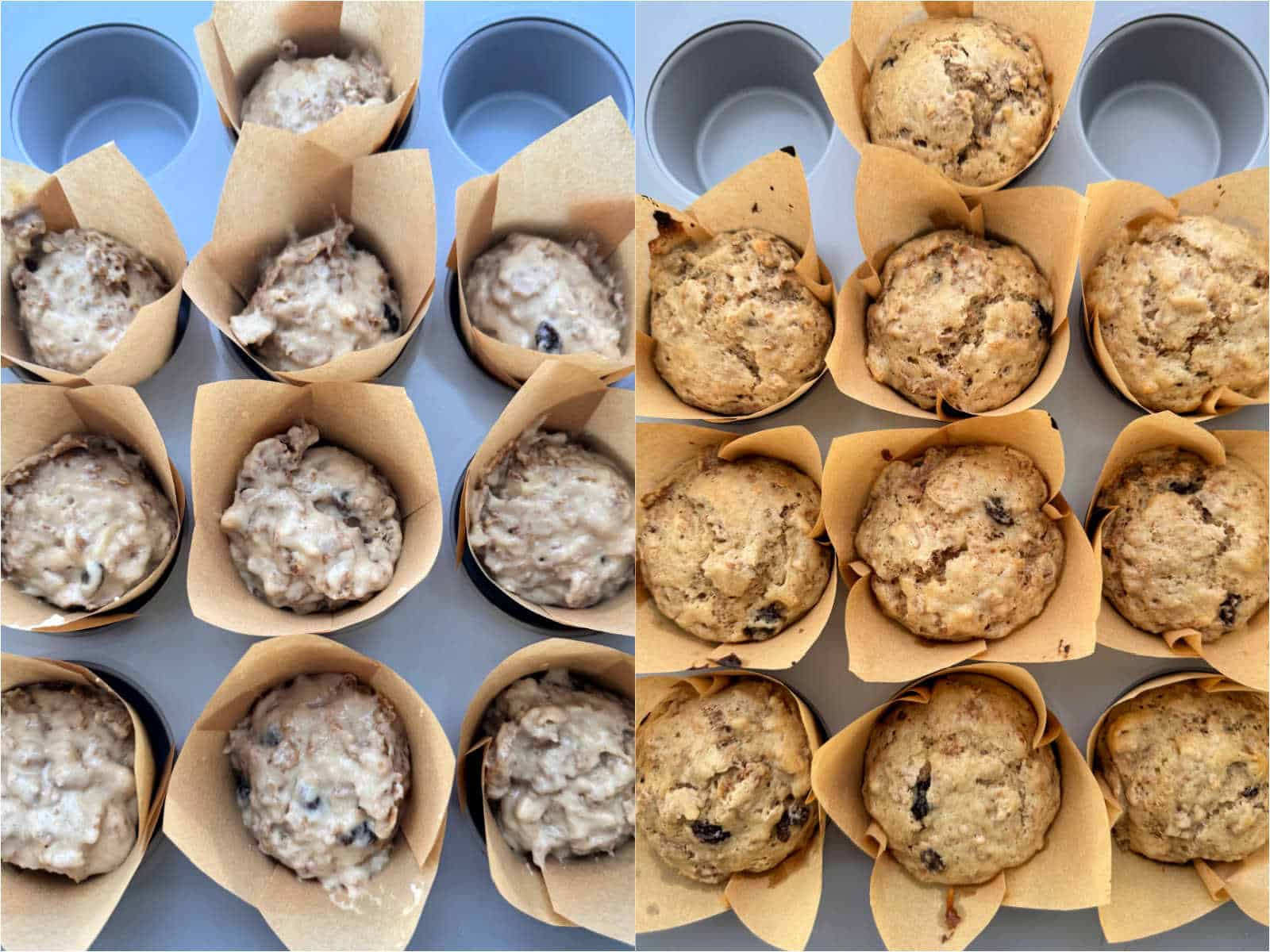 raisin bran muffins in the muffin tin, before and after baking