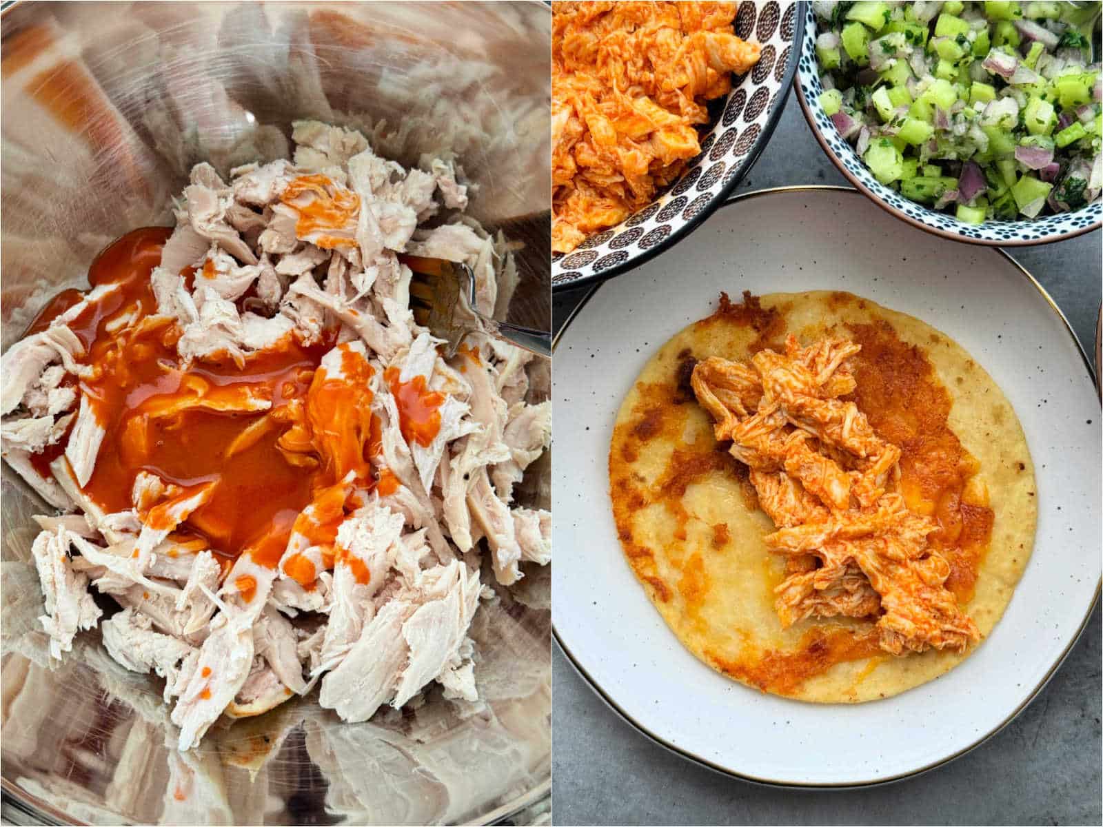 collage of two pictures showing the chicken being mixed together with buffalo sauce and butter and then assembling the tacos