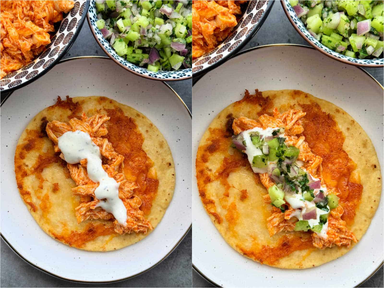 showing how to assemble the buffalo chicken tacos layering the buffalo chicken, ranch dressing and celery salsa