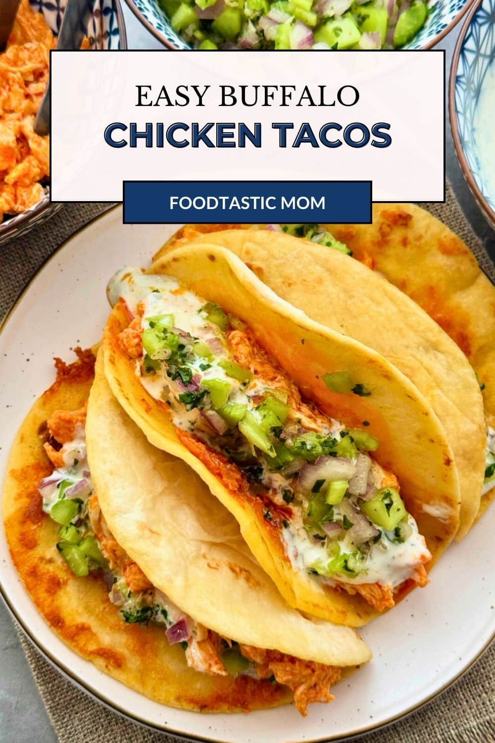 Buffalo chicken tacos are an easy weeknight dinner combining crispy cheddar tortillas with buffalo chicken, Ranch dressing and celery salsa. via @foodtasticmom