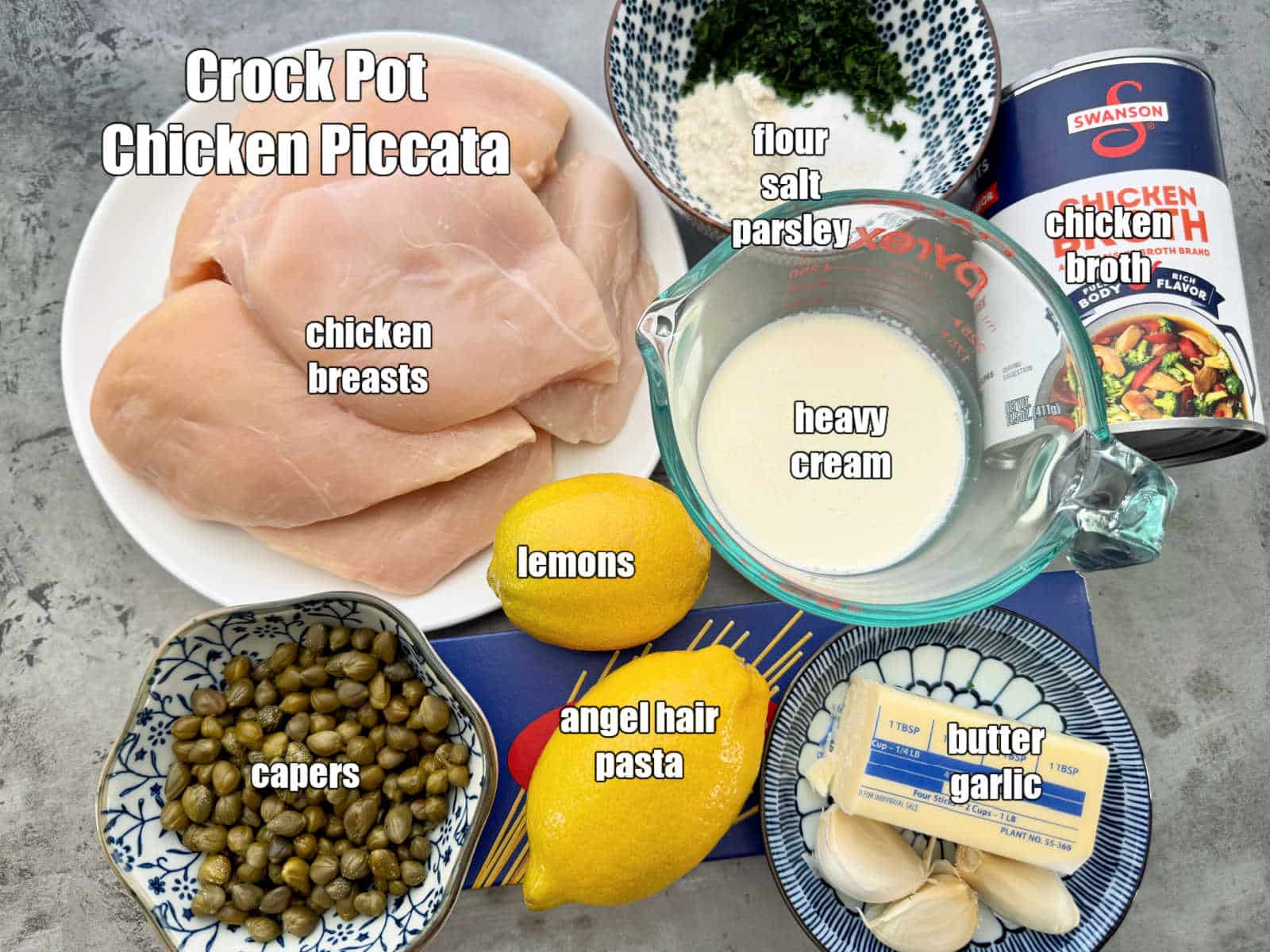 picture of ingredients needed to make crock pot chicken piccata