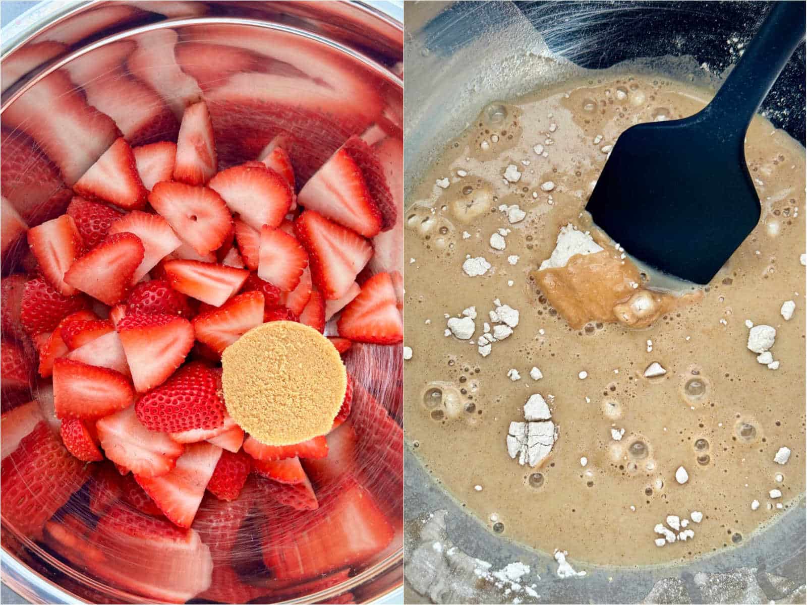 showing the macerating strawberries and the cobbler batter being mixed together