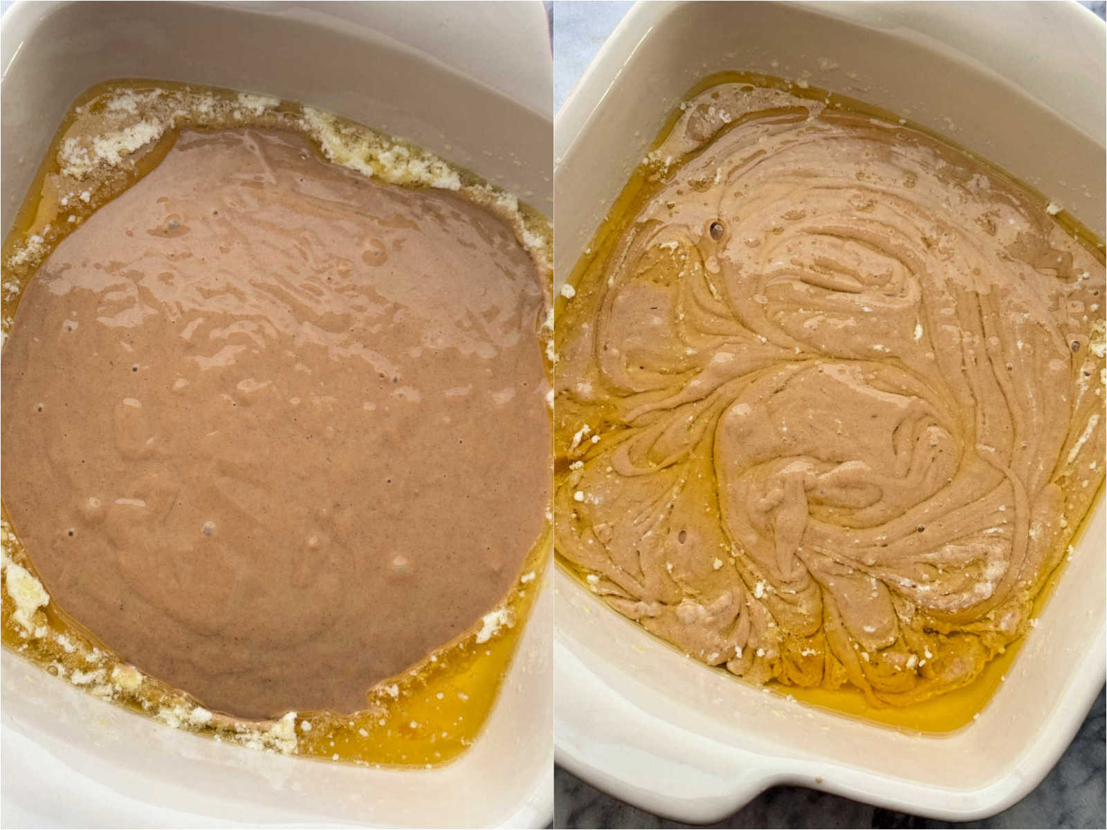 cobbler batter in the baking dish ready to be topped with strawberries