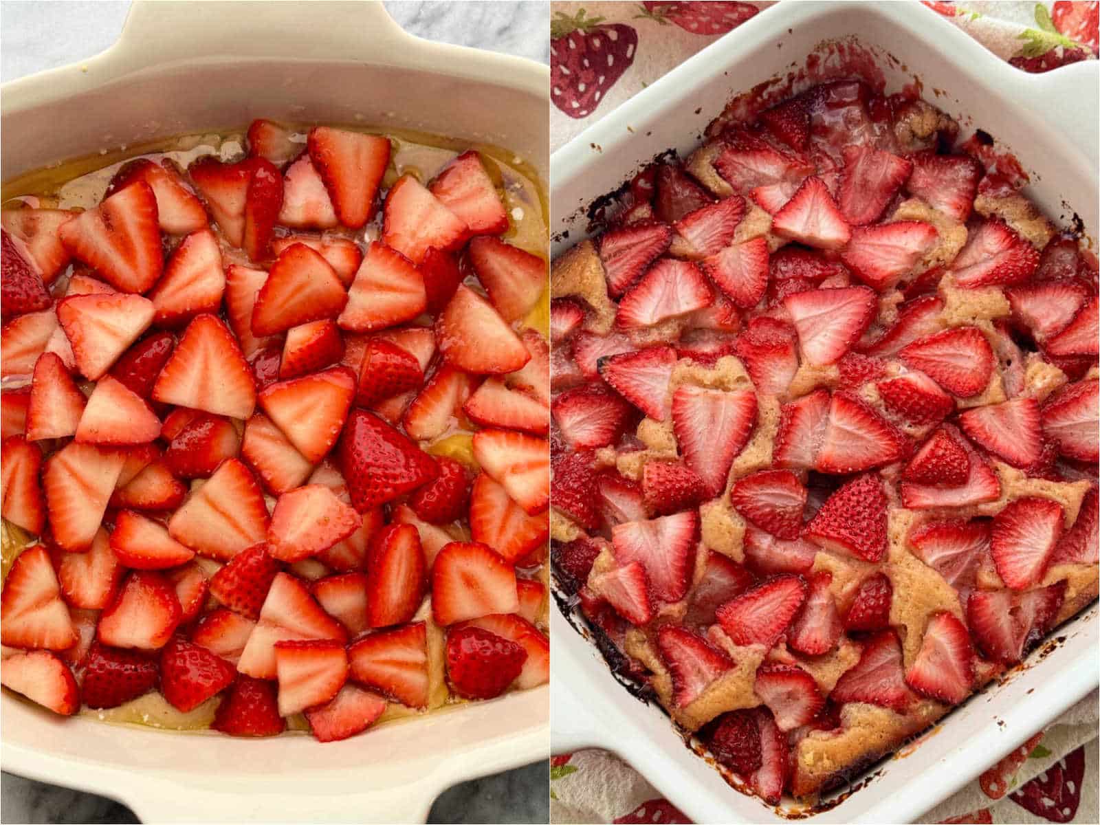 strawberry cobbler in the baking dish before and after being baked