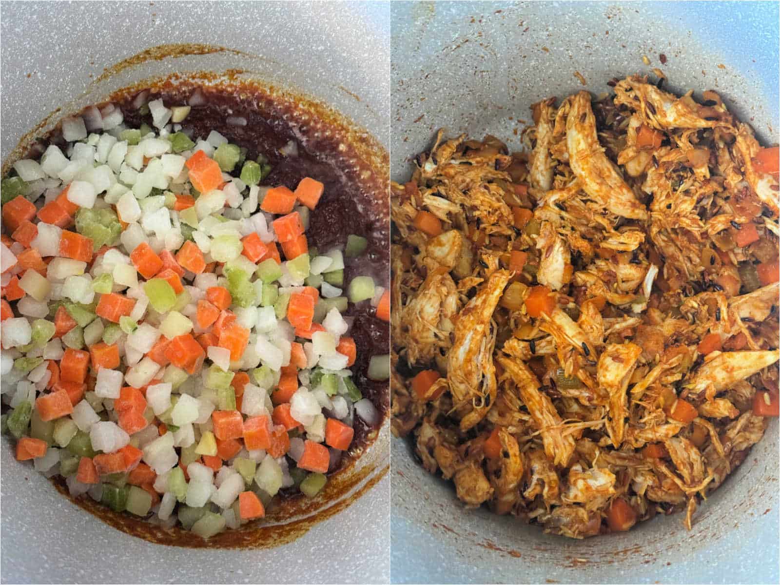 frozen mirepoix added to the soup pot followed by chicken, rice and applesauce