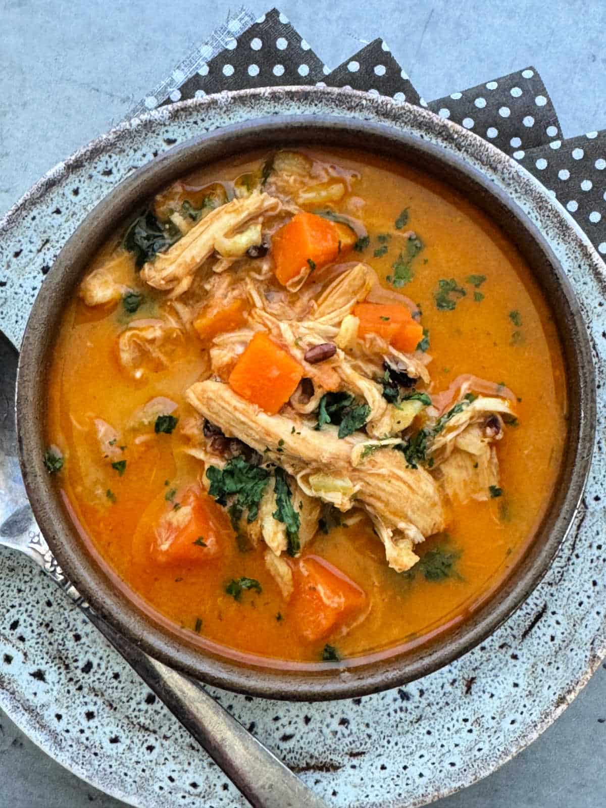 a bowl of mulligatawny soup garnished with cilantro