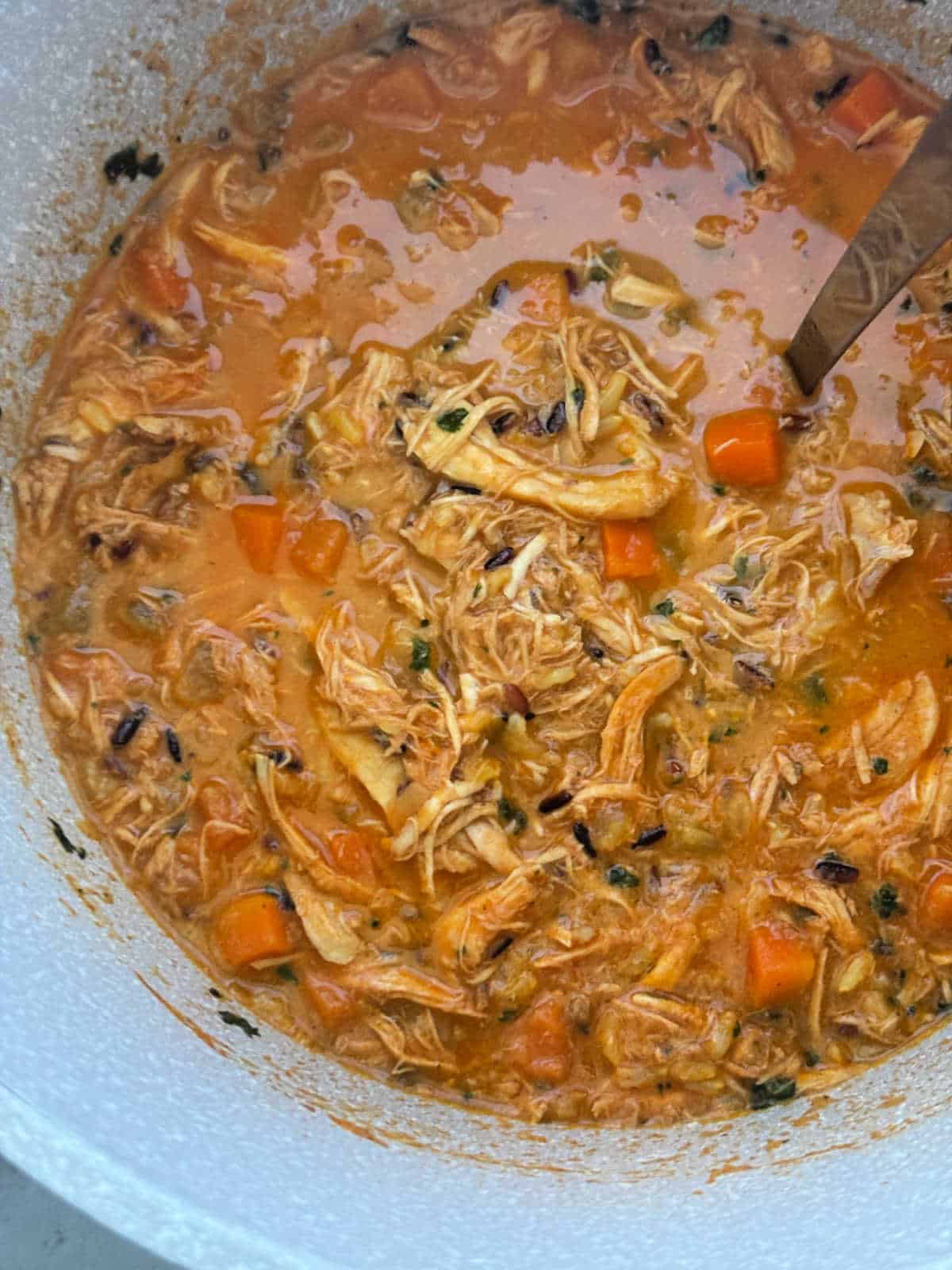 a pot full of mulligatawny soup ready to serve