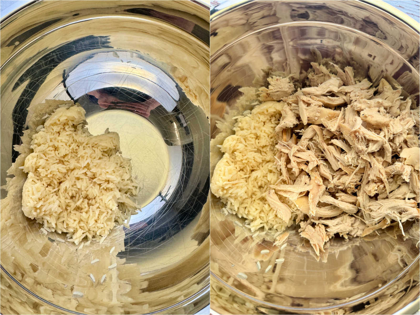making chicken poppyseed casserole - showing chicken and rice in the mixing bowl