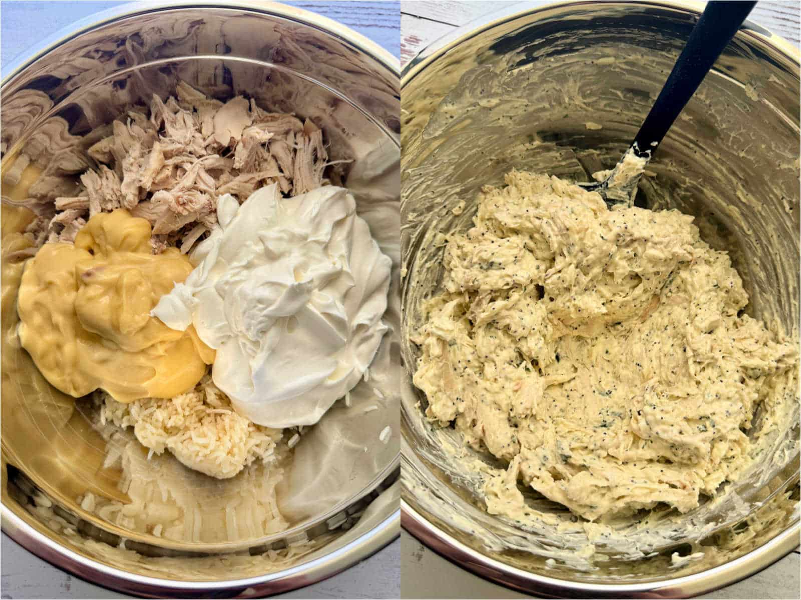 making chicken poppyseed casserole - mixing together all the ingredients in a bowl