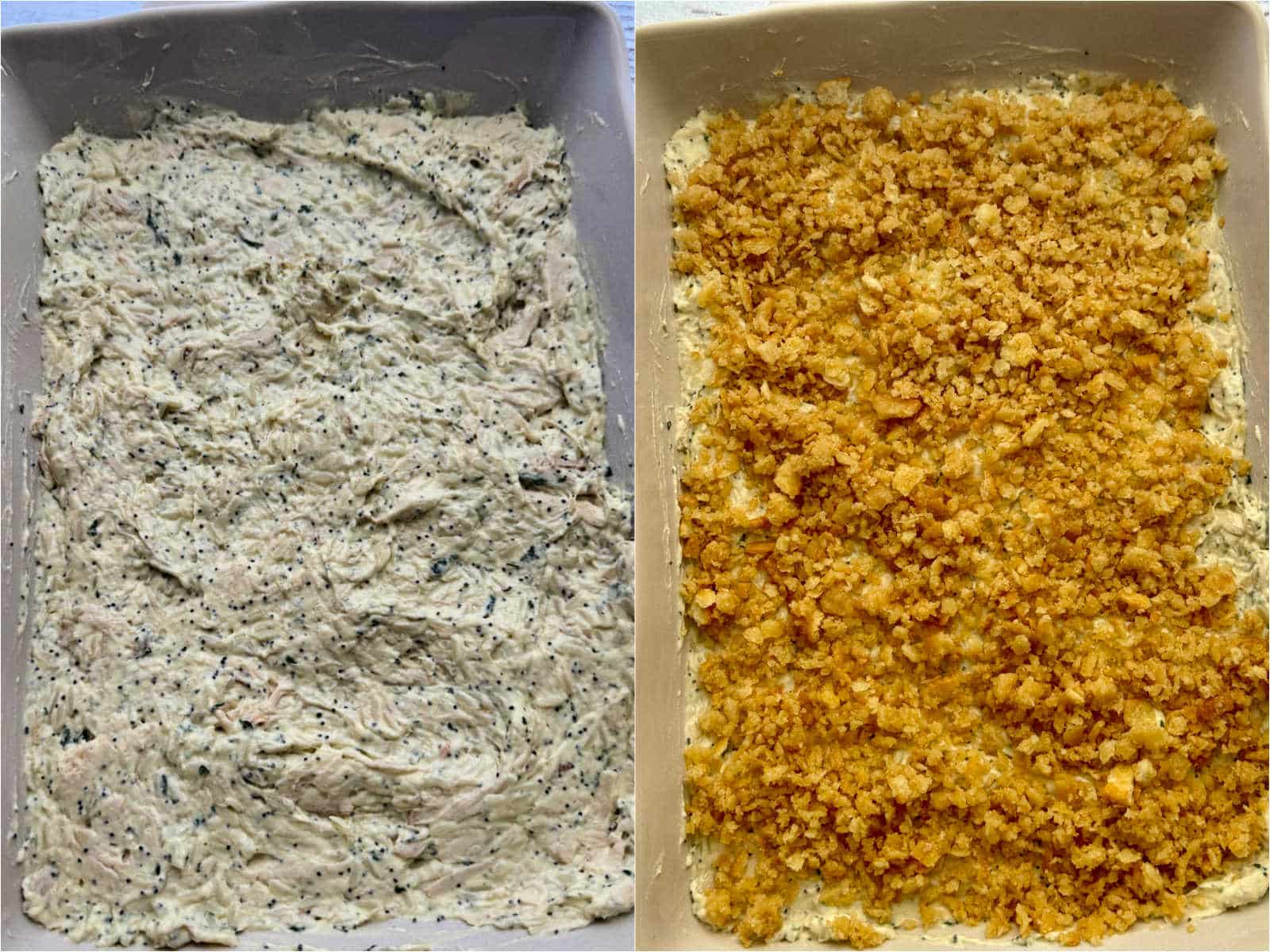 showing the casserole in the baking dish before and after being baked