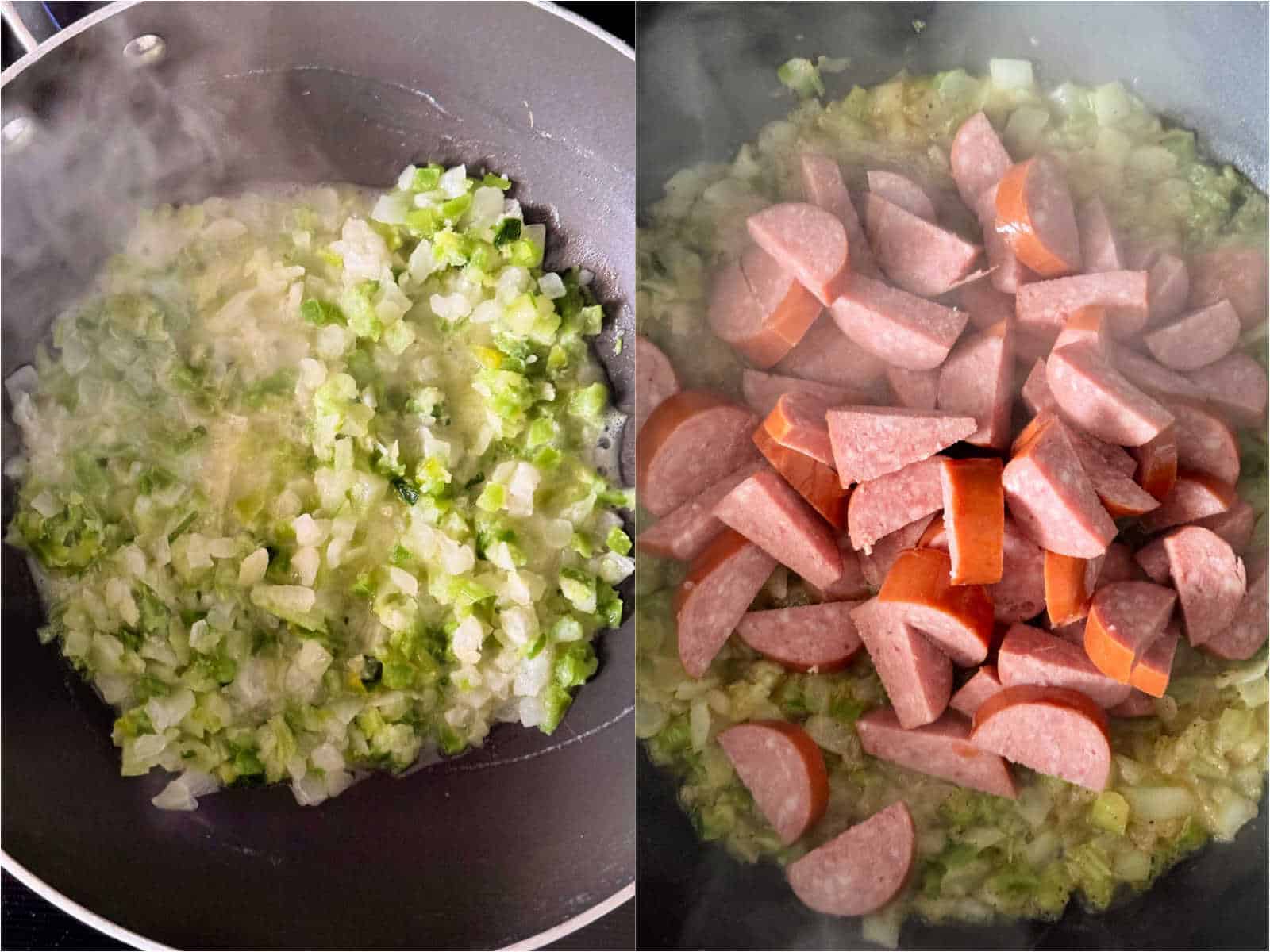 pictures of sausage and veggies cooking in the skillet