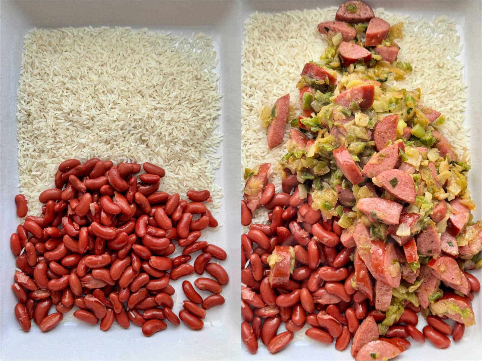 picture of rice, beans and sausage mixture in the casserole dish