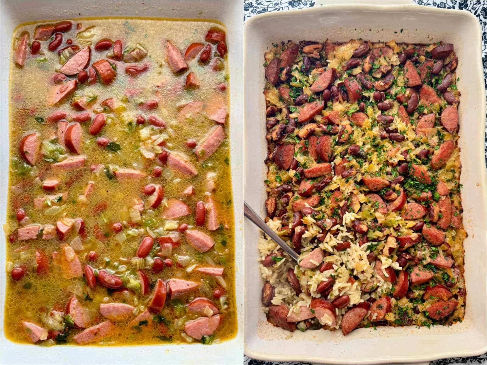 casserole in the dish before and after baking