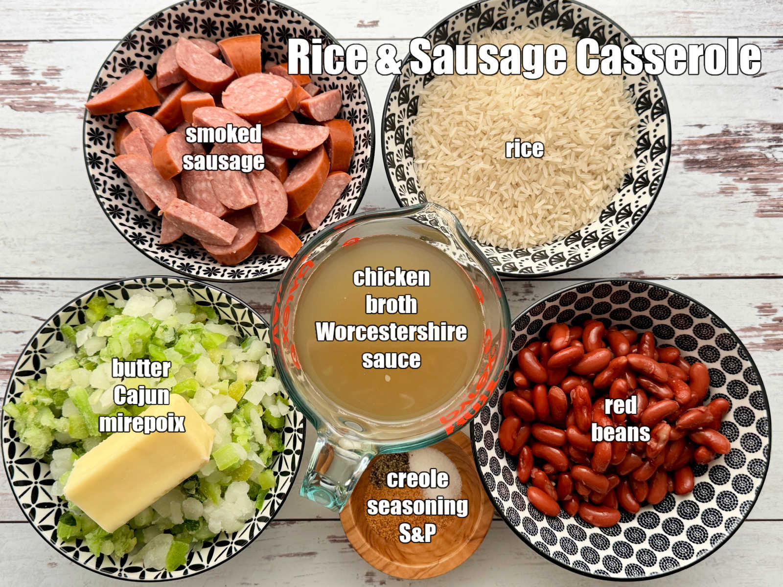 picture of ingredients needed to make rice and sausage casserole