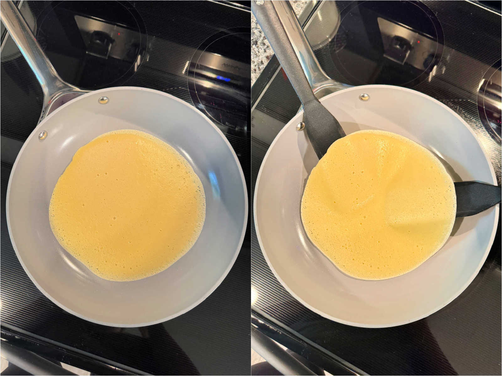 showing a crepe cooked on one side in a nonstick pan and then showing it being flipped over with two nonstick small spatulas