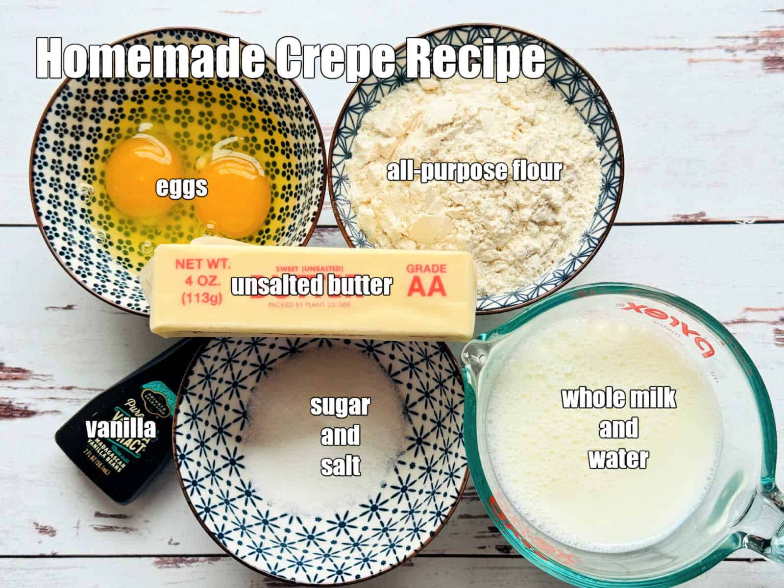 picture of ingredients needed to make classic french crepe recipe