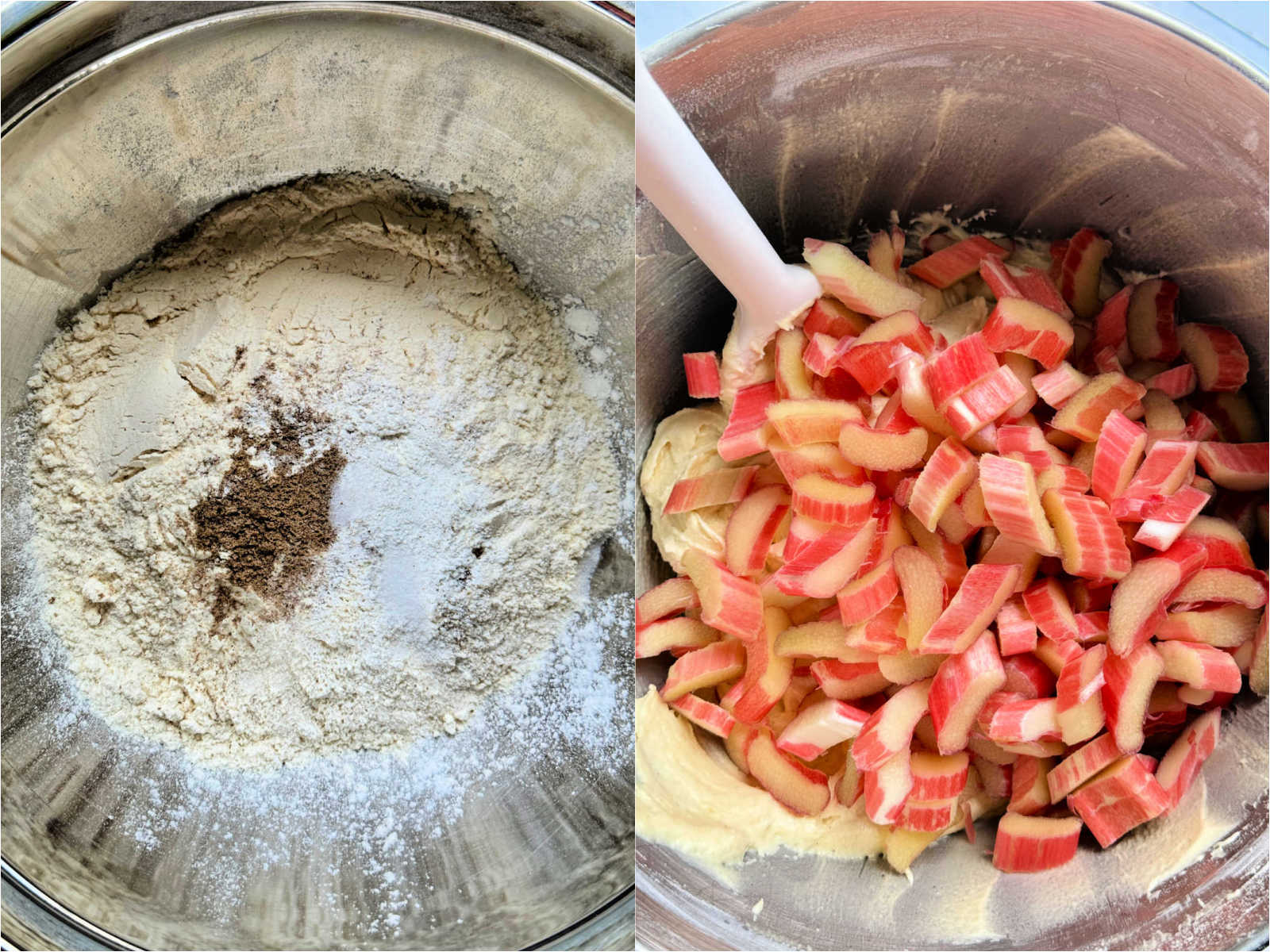 flour mixture on the left photo and sliced rhubarb being mixed into the cake batter on the right photo
