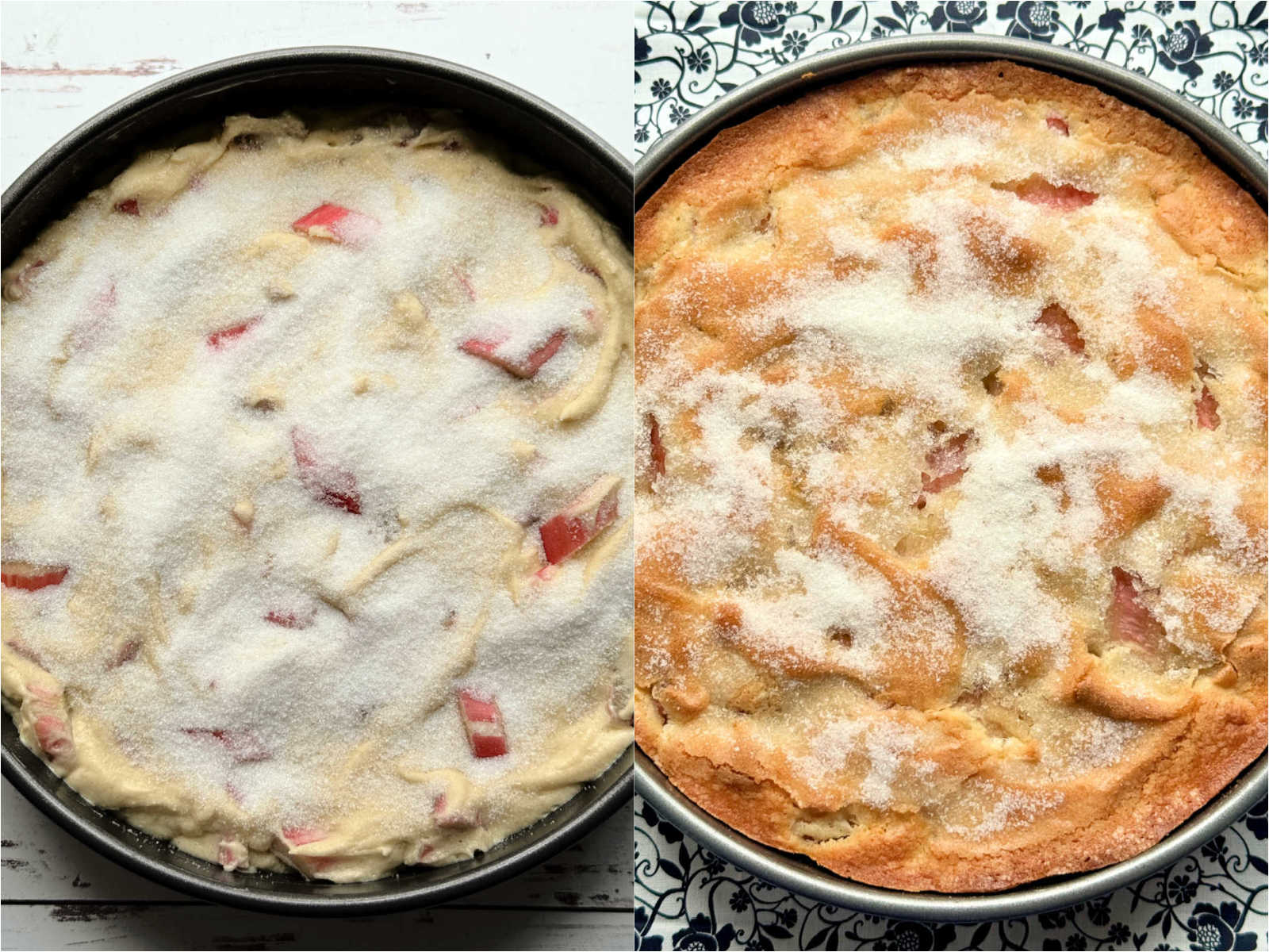 rhubarb cake before and after being baked
