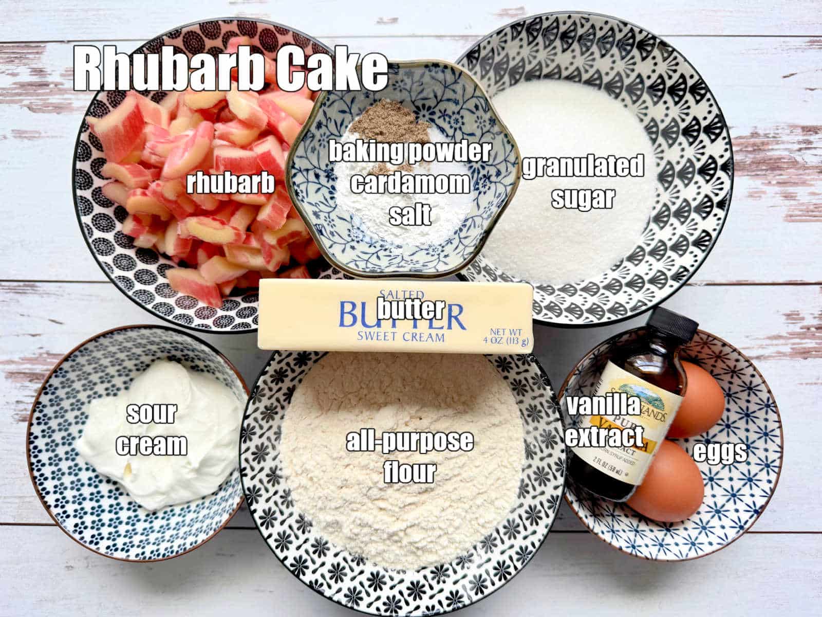 picture of ingredients needed to make a rhubarb cake
