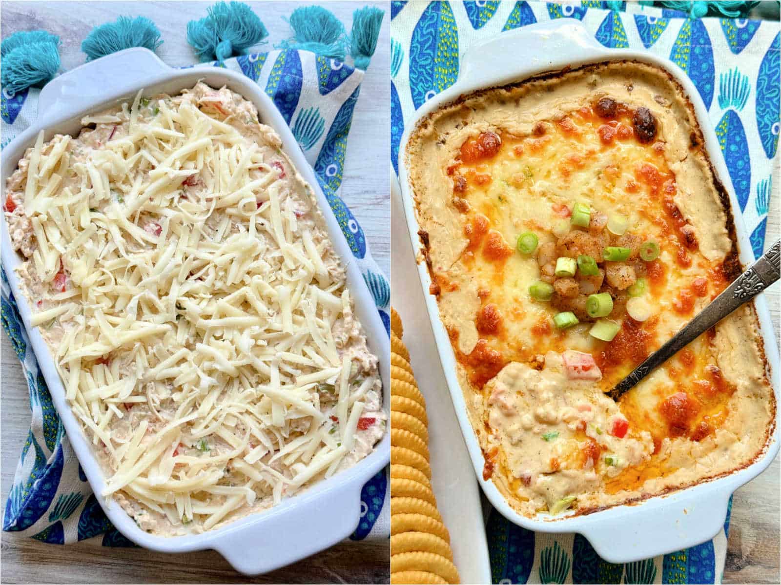 cajun shrimp dip in casserole dish before and after being baked