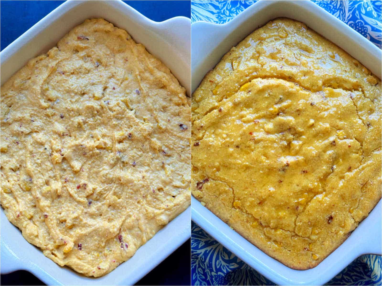 cornbread casserole in the baking dish, before and after being baked