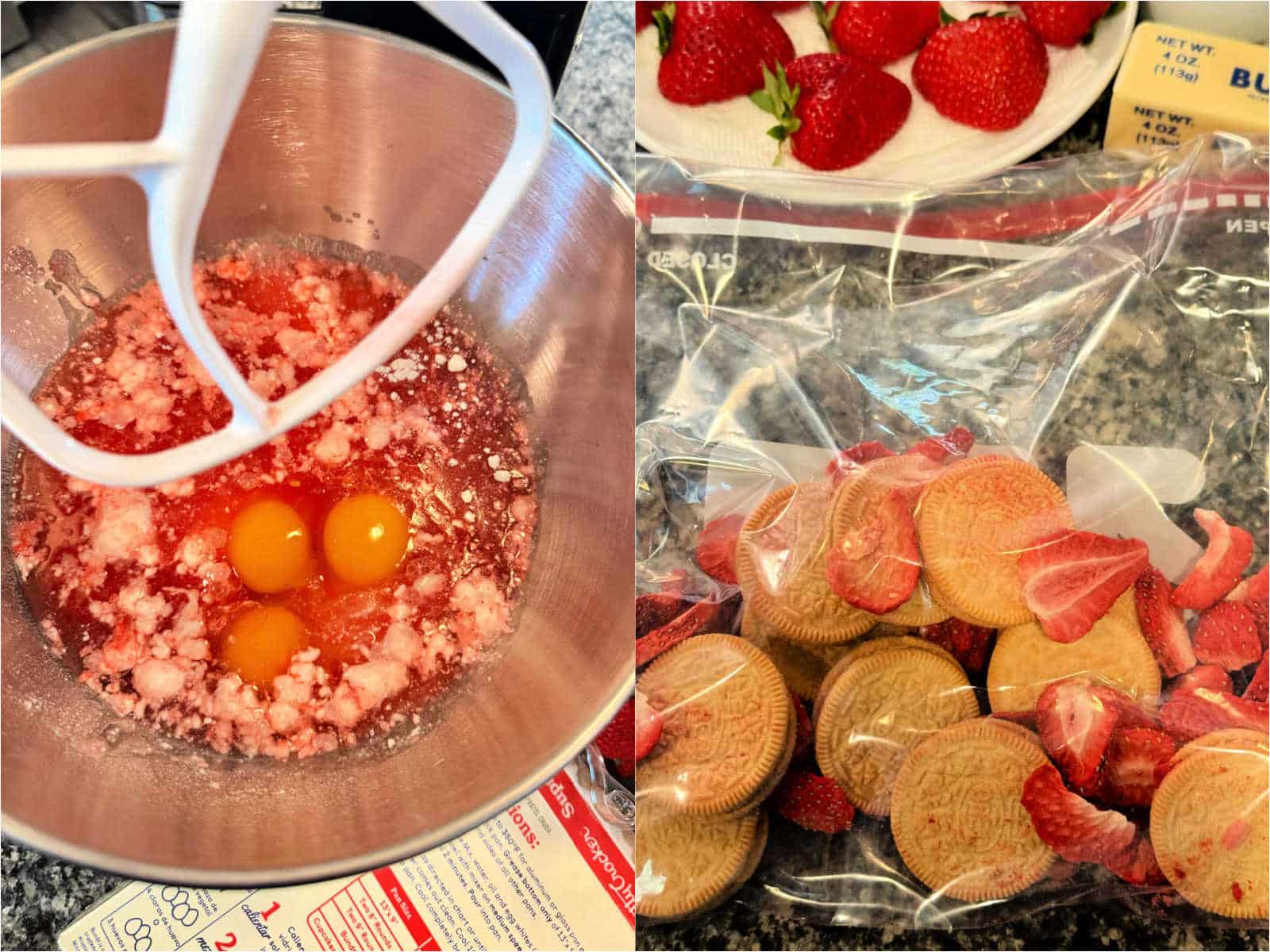 a collage showing the cake being mixed and the crunch topping being made