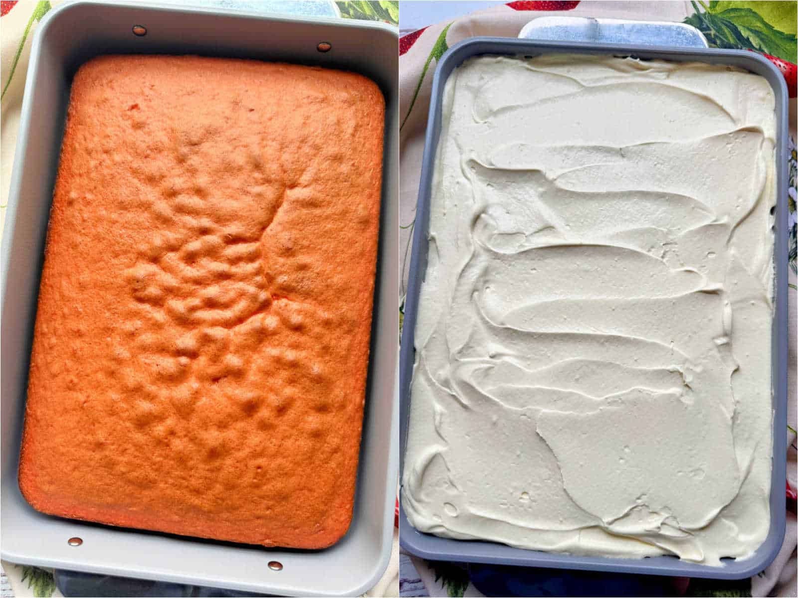 collage of pictures showing the cake baked in the pan and then frosted