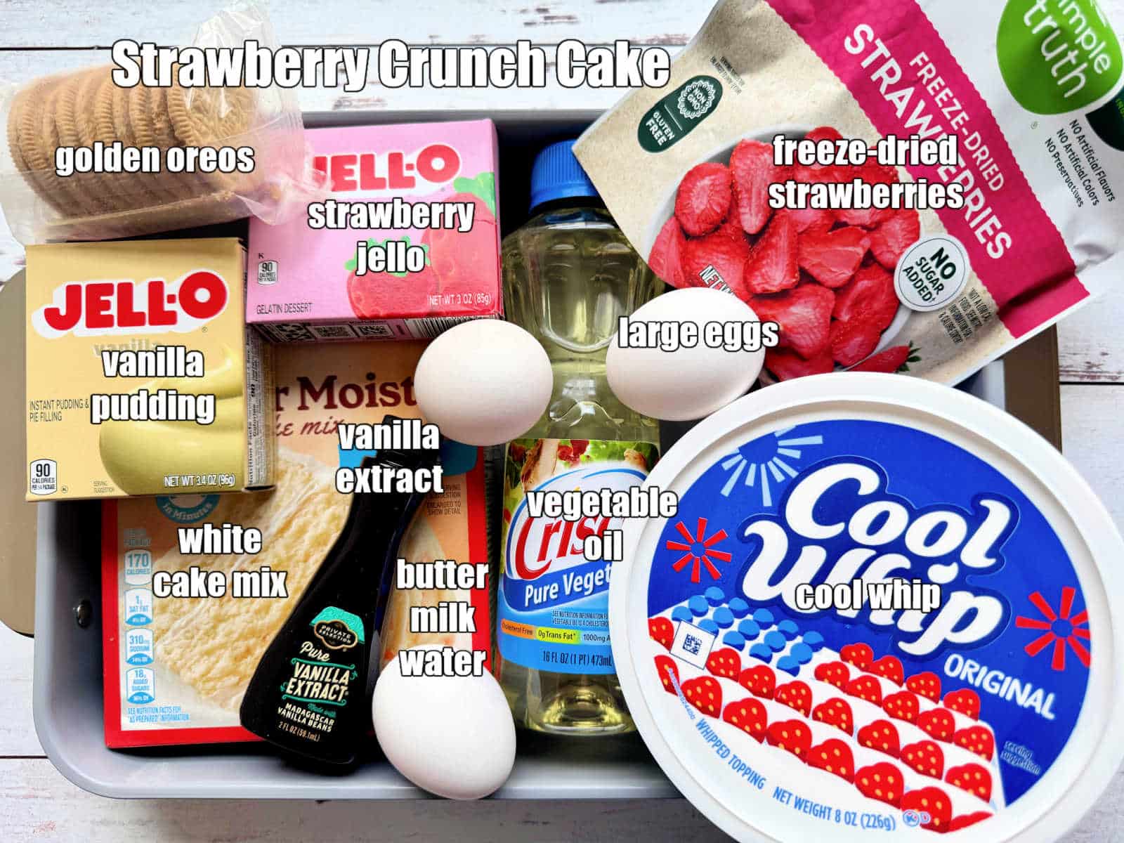 picture of ingredients to make strawberry crunch cake