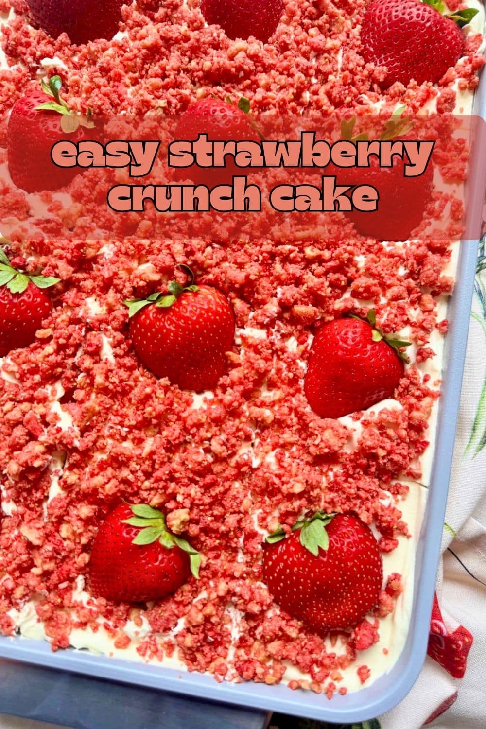 My strawberry crunch cake recipe is a pink hued sheet cake made with white cake mix and crunch topping like the ice cream bar. via @foodtasticmom