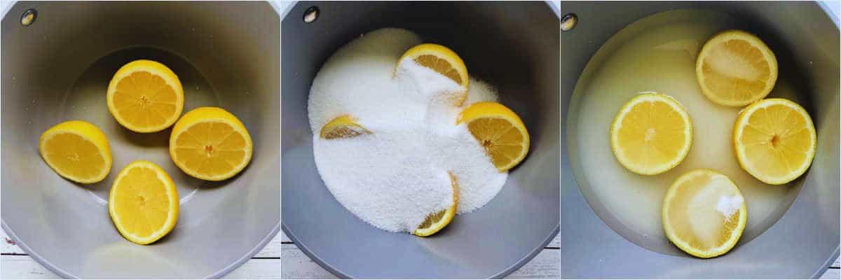 showing the lemons, sugar and water in the sauce pan to make simple syrup