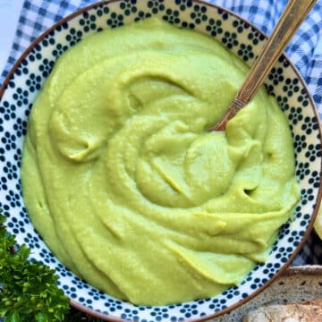 a bowl of freshly blended bean butter, made with white beans, parsley, olive oil, lemon juice and salt