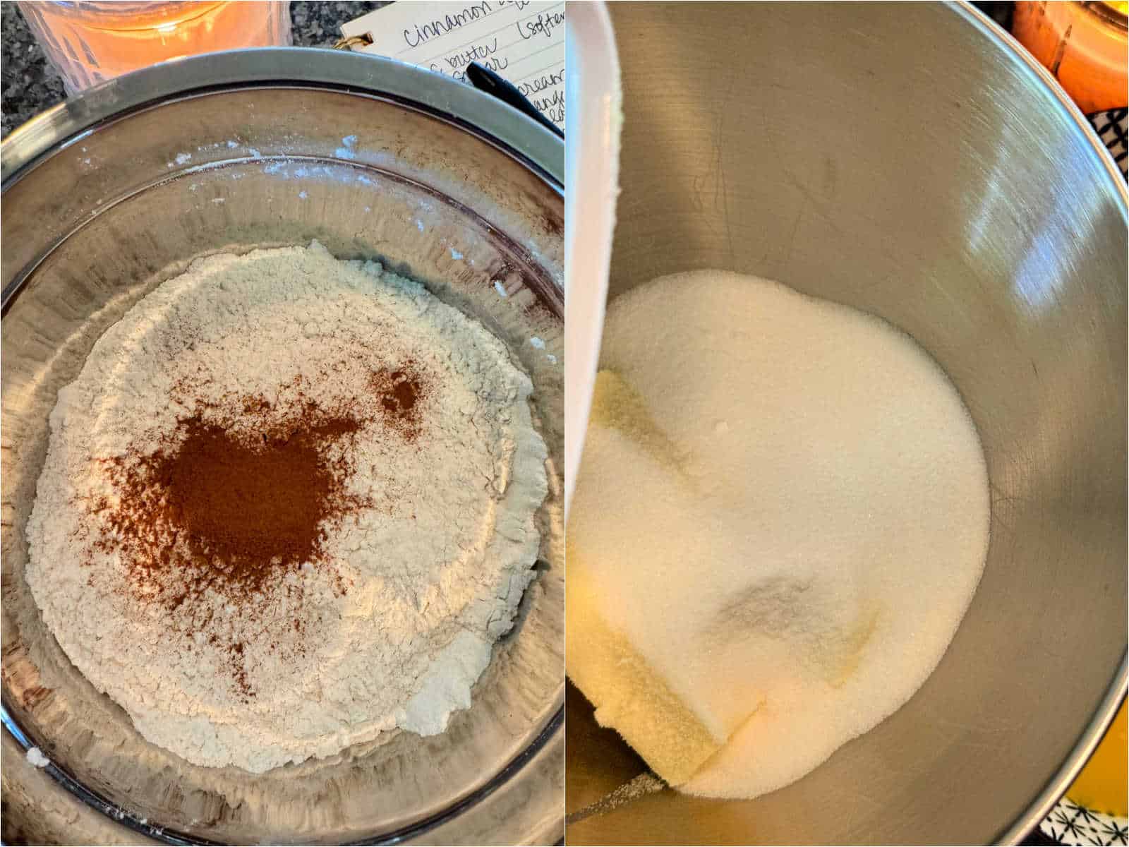showing streusel being made in mixing bowl and cake batter being made in stand mixer