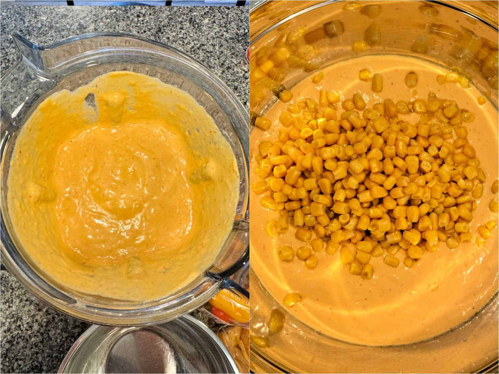 mixing the blended dip with the corn in a bowl