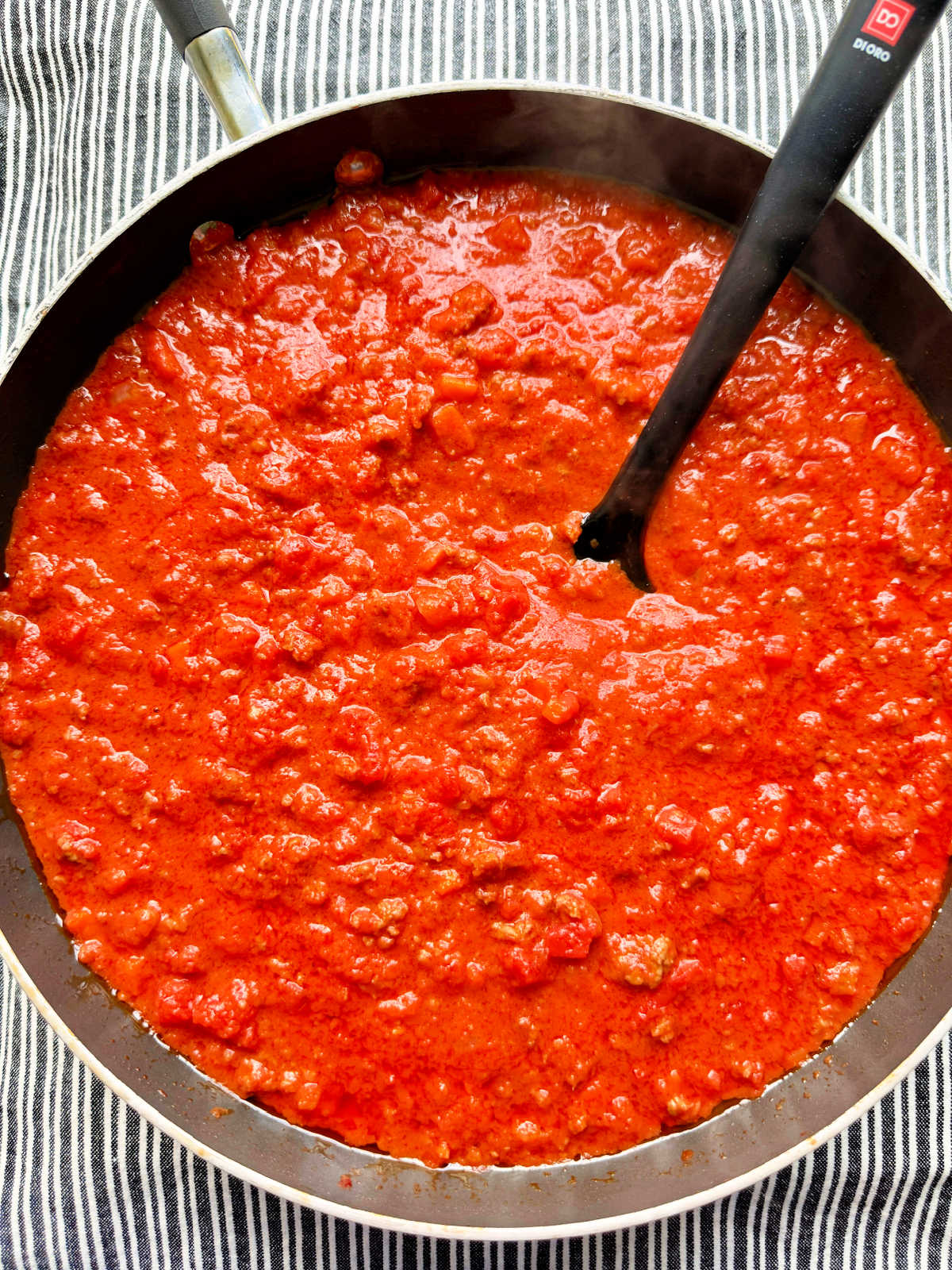 Full pan of bolognese sauce just made and ready to serve