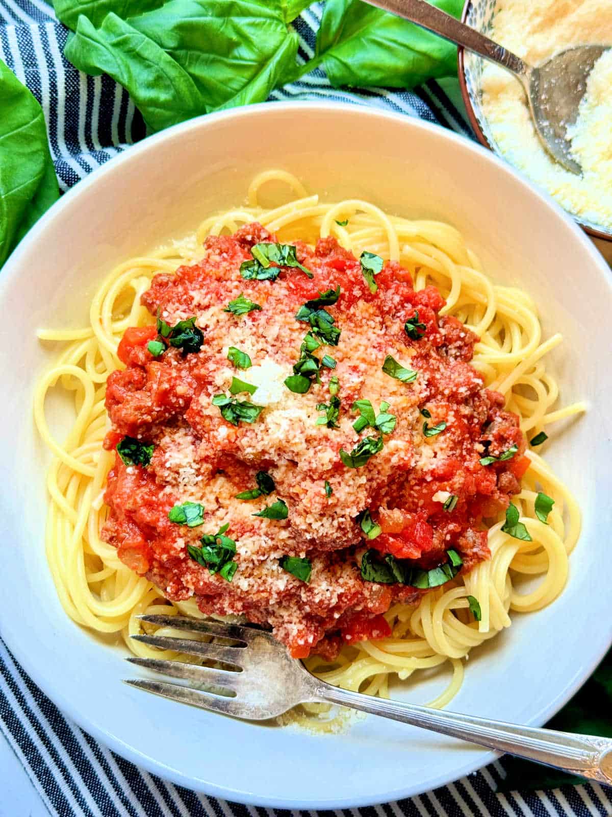 a bowlful of spaghetti bolognese ready to serve