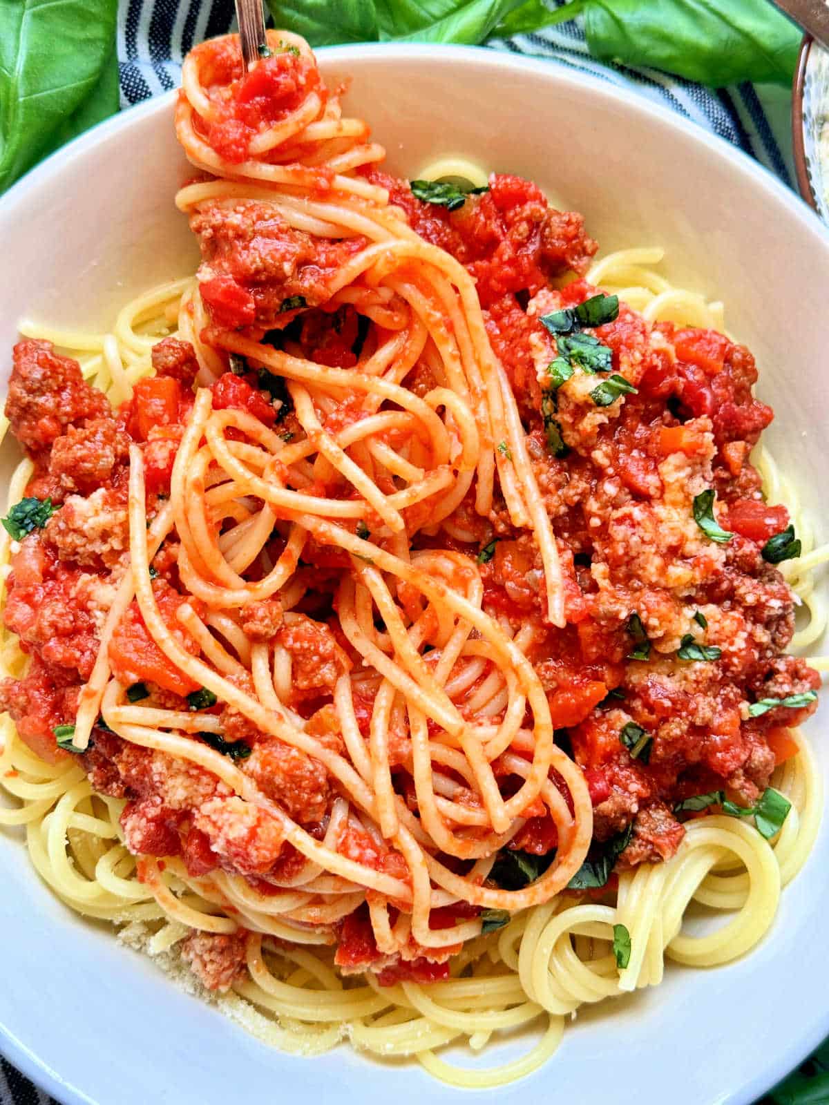 a mess of spaghetti bolognese in a bowl, after twirling the pasta and eating some