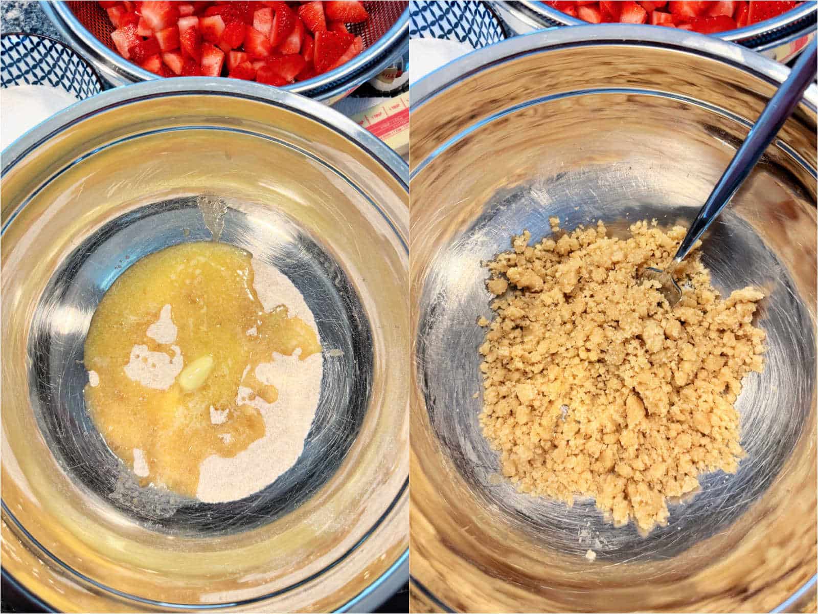 showing the streusel being mixed in a metal bowl