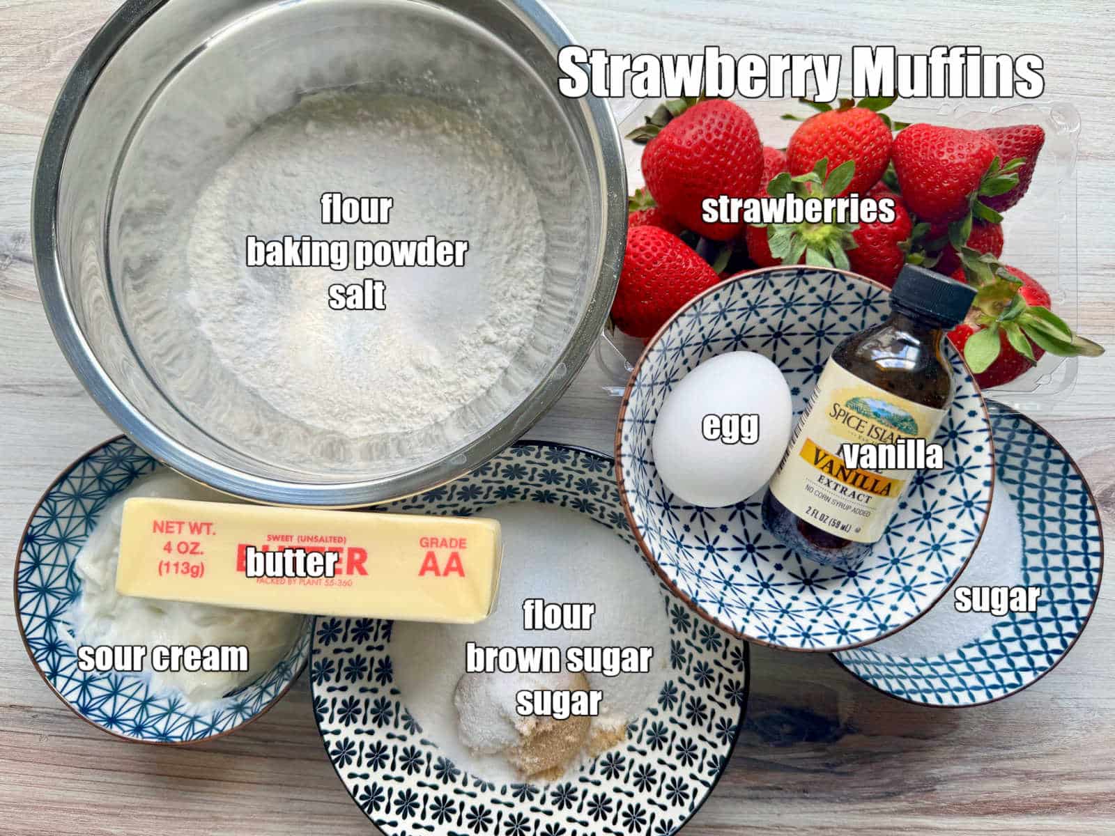 picture of ingredients needed to make strawberry muffins
