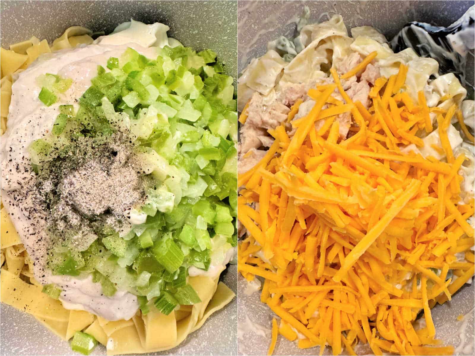 mixing the cooked noodles with the rest of the ingredients