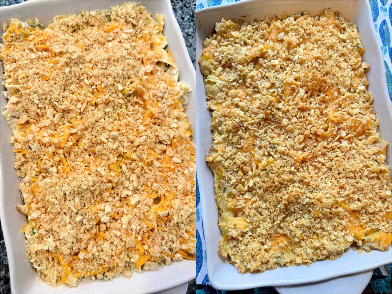 overhead view of tuna noodle casserole in the dish before and after being baked