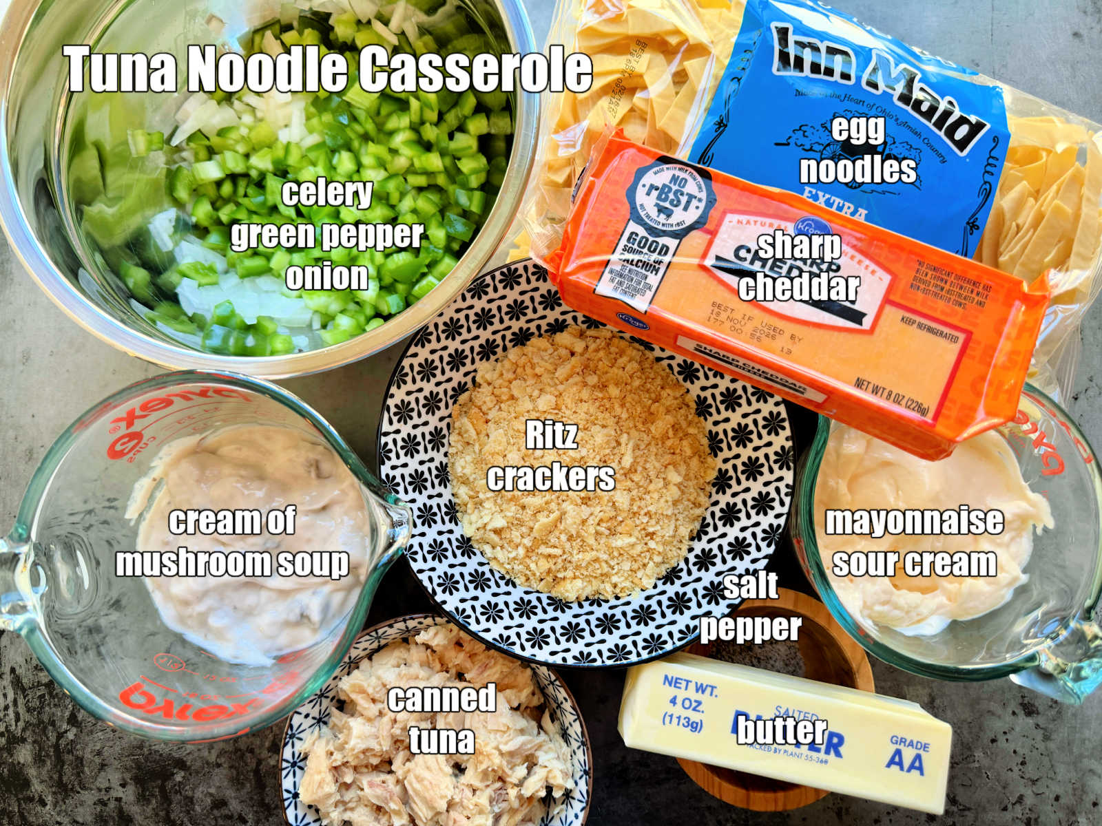 picture of ingredients needed to make tuna noodle casserole