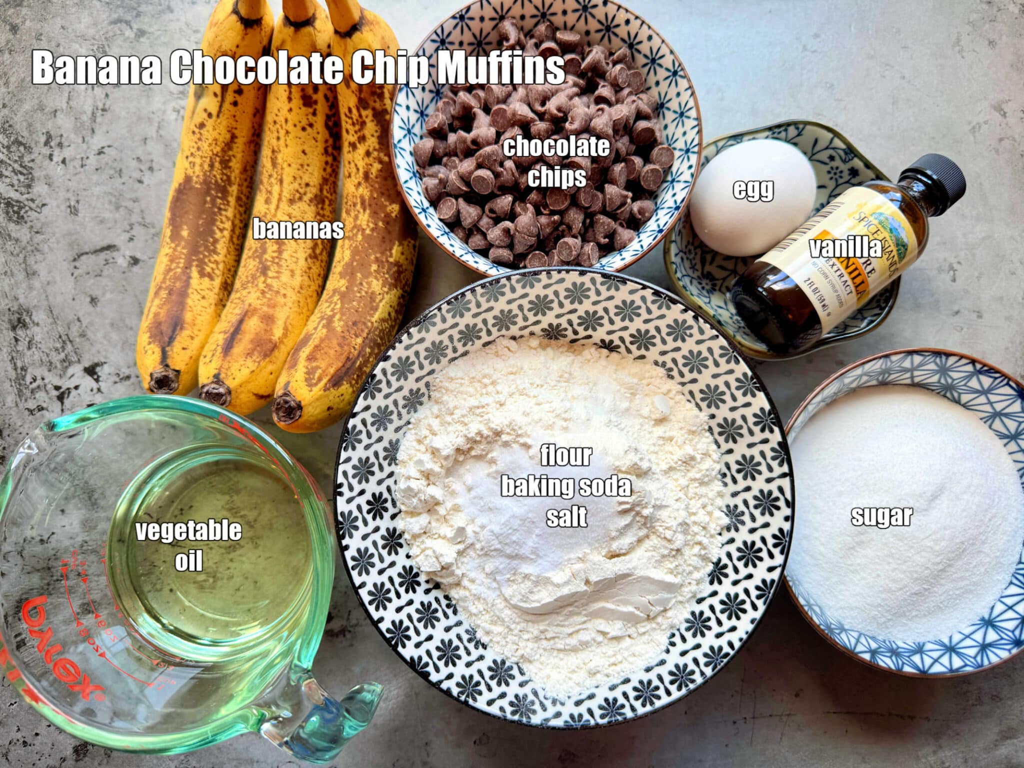 picture of ingredients needed for banana chocolate chip muffins