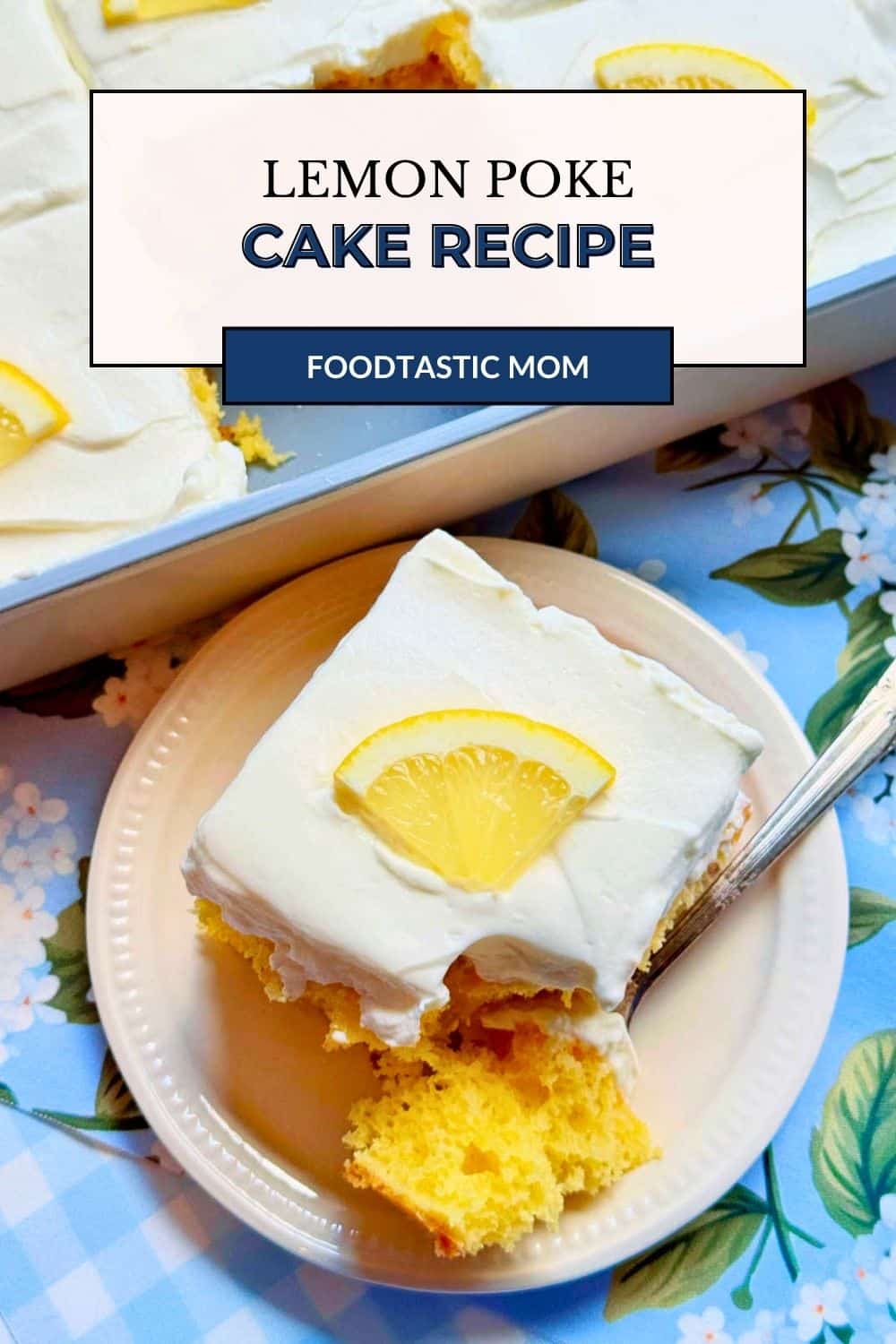 You'll never know this lemon poke cake recipe starts with boxed cake mix. Tender cake topped with lemon glaze and cream cheese frosting. via @foodtasticmom