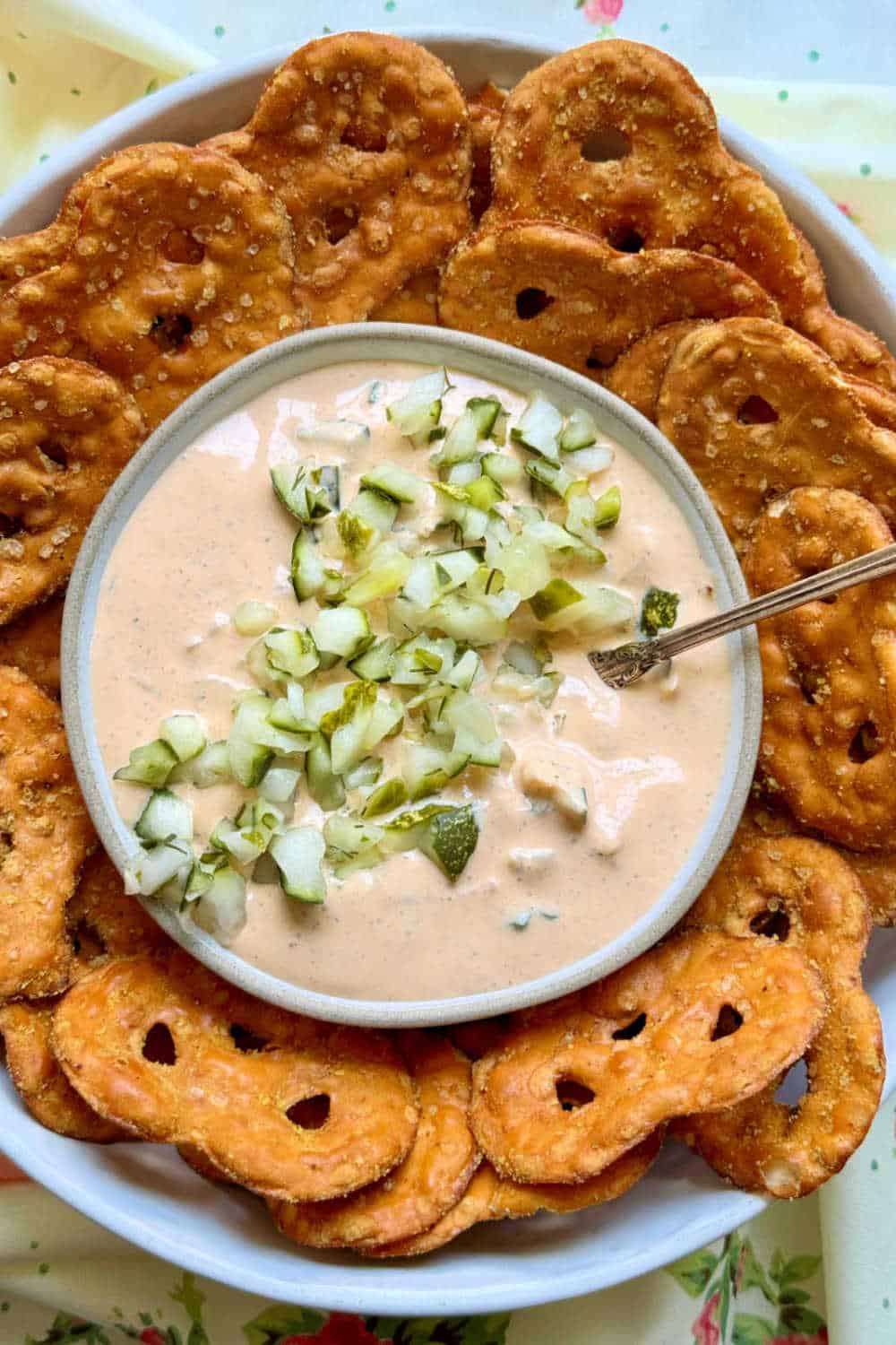 My dill pickle dip is a little different than the rest. Cream cheese and cottage cheese blend together for a lighter dip packed with flavor. via @foodtasticmom