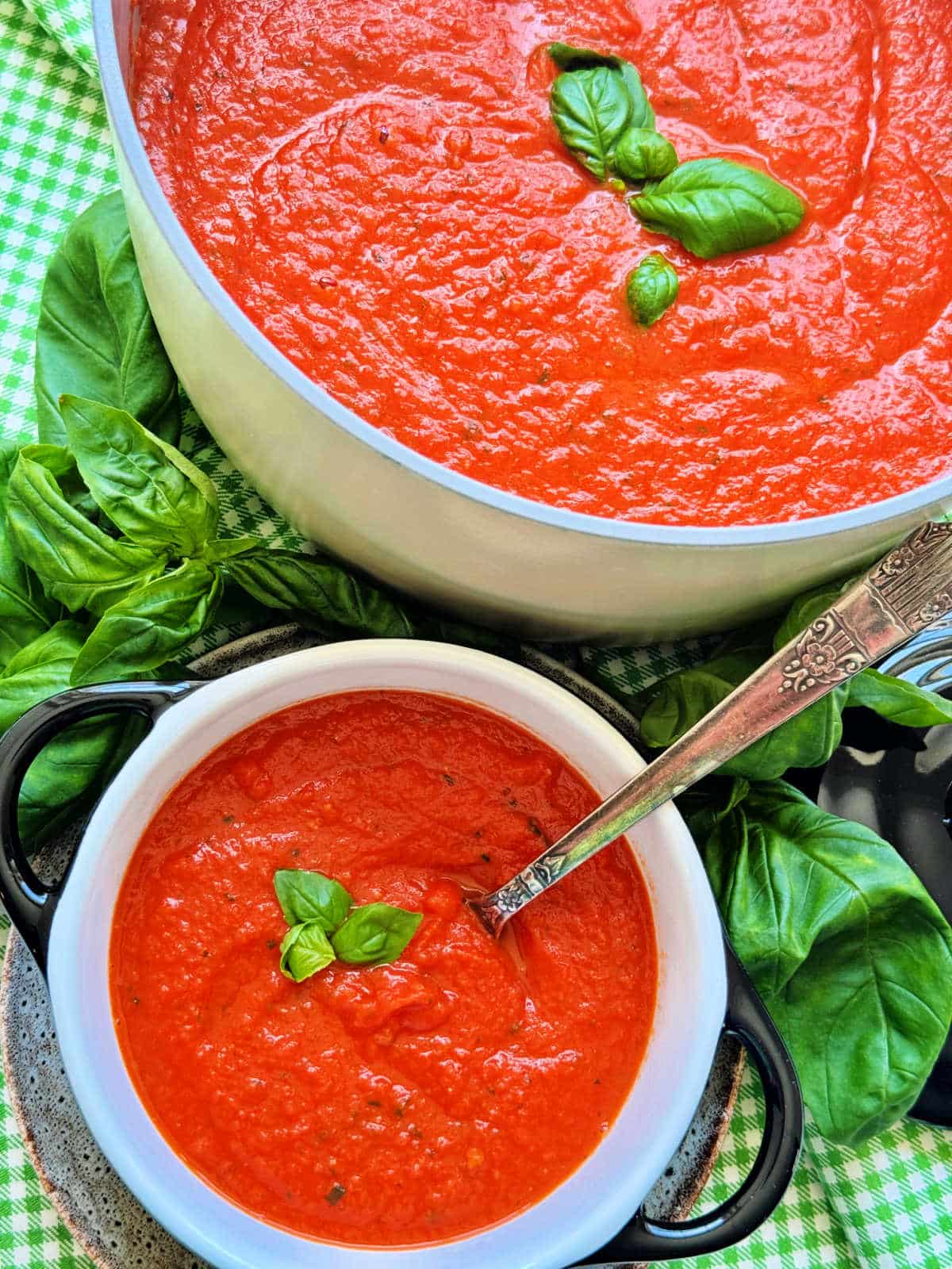 large pot of soup with an individual bowl of soup in front of it, garnished with fresh basil