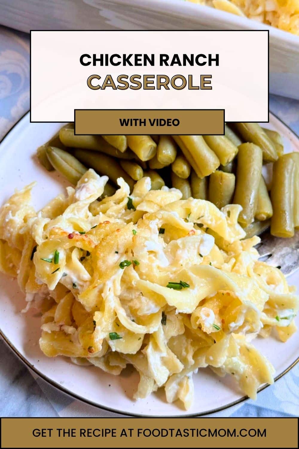 Chicken ranch casserole takes inspiration from Jackie O's favorite noodle dish. Cottage cheese and sour cream blend with chicken and ranch. via @foodtasticmom