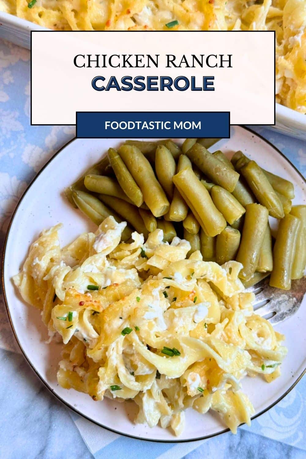 Chicken ranch casserole takes inspiration from Jackie O's favorite noodle dish. Cottage cheese and sour cream blend with chicken and ranch. via @foodtasticmom