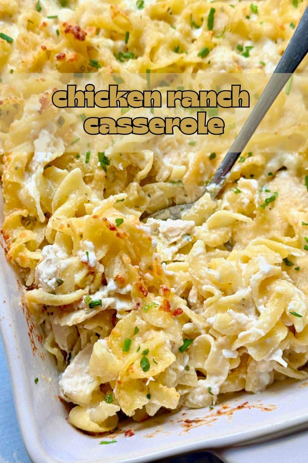 Chicken ranch casserole takes inspiration from Jackie O's favorite noodle dish. Cottage cheese and sour cream blend with chicken and ranch. via @foodtasticmom