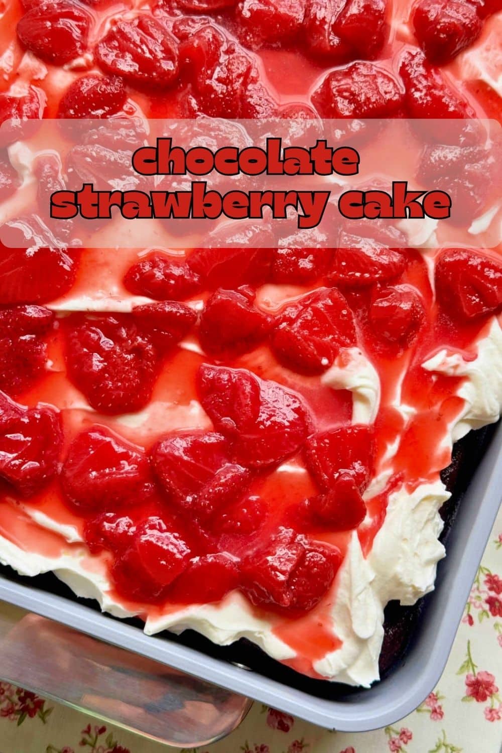 Chocolate strawberry cake starts with a tender chocolate sheet cake, topped with whipped cream cheese frosting and fresh strawberry sauce. via @foodtasticmom