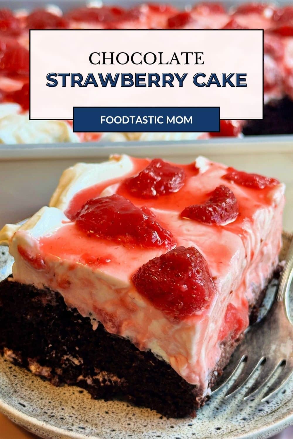 Chocolate strawberry cake starts with a tender chocolate sheet cake, topped with whipped cream cheese frosting and fresh strawberry sauce. via @foodtasticmom